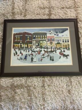 Framed Winter Village Ice Skating Print - Multi-Color
